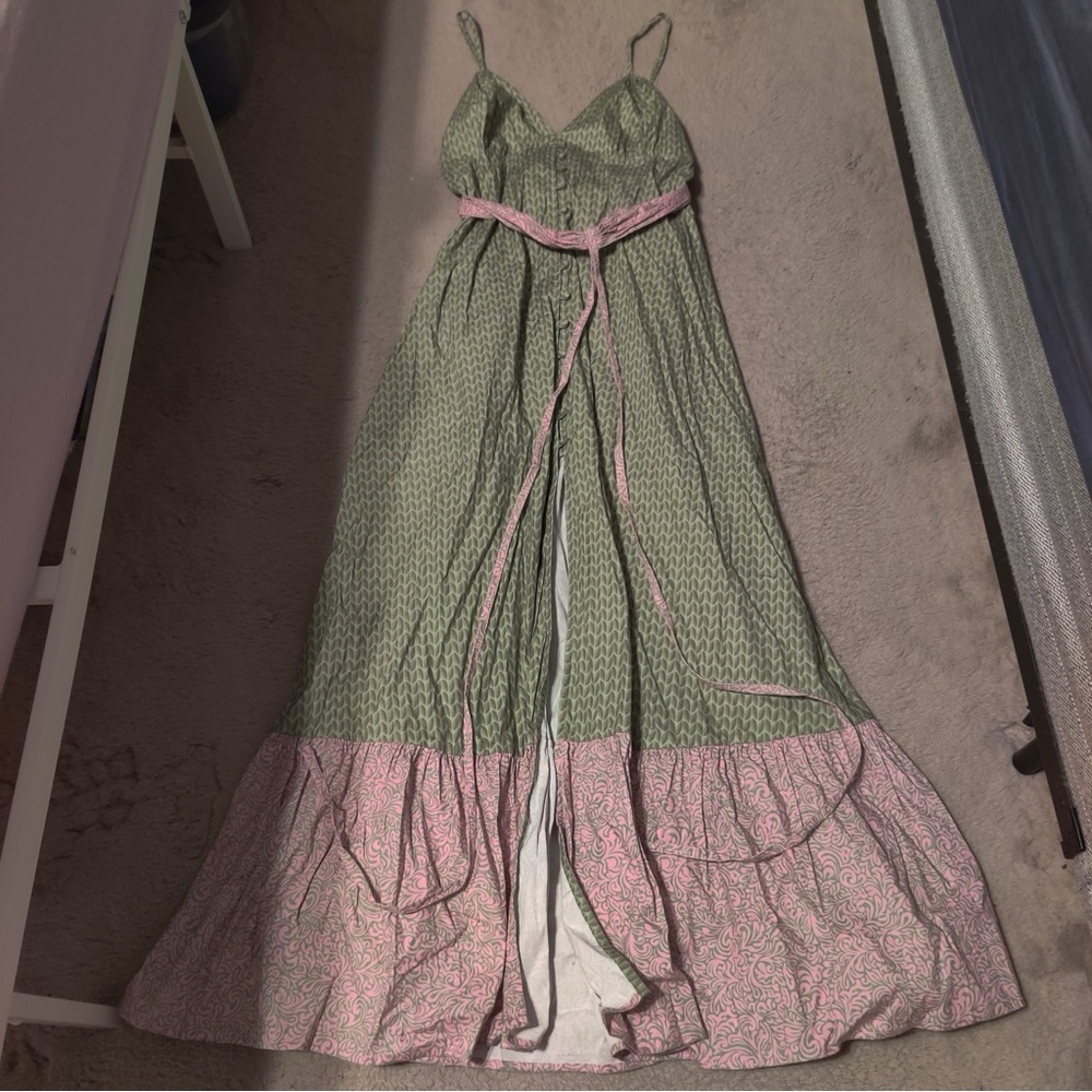 La Chocole Green Pink Maxi Dress Button Front Slit Patchwork Bow Tie V Neck Sun